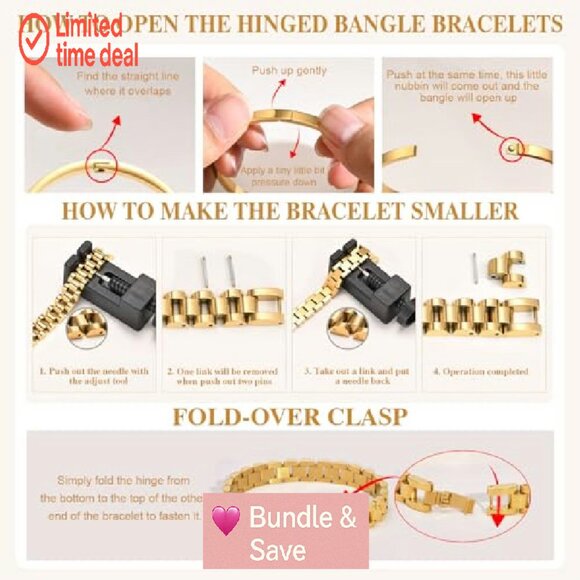 18K Gold Plated Link Bracelet Set, Stainless Steel with Adjust Tool - Picture 6 of 8